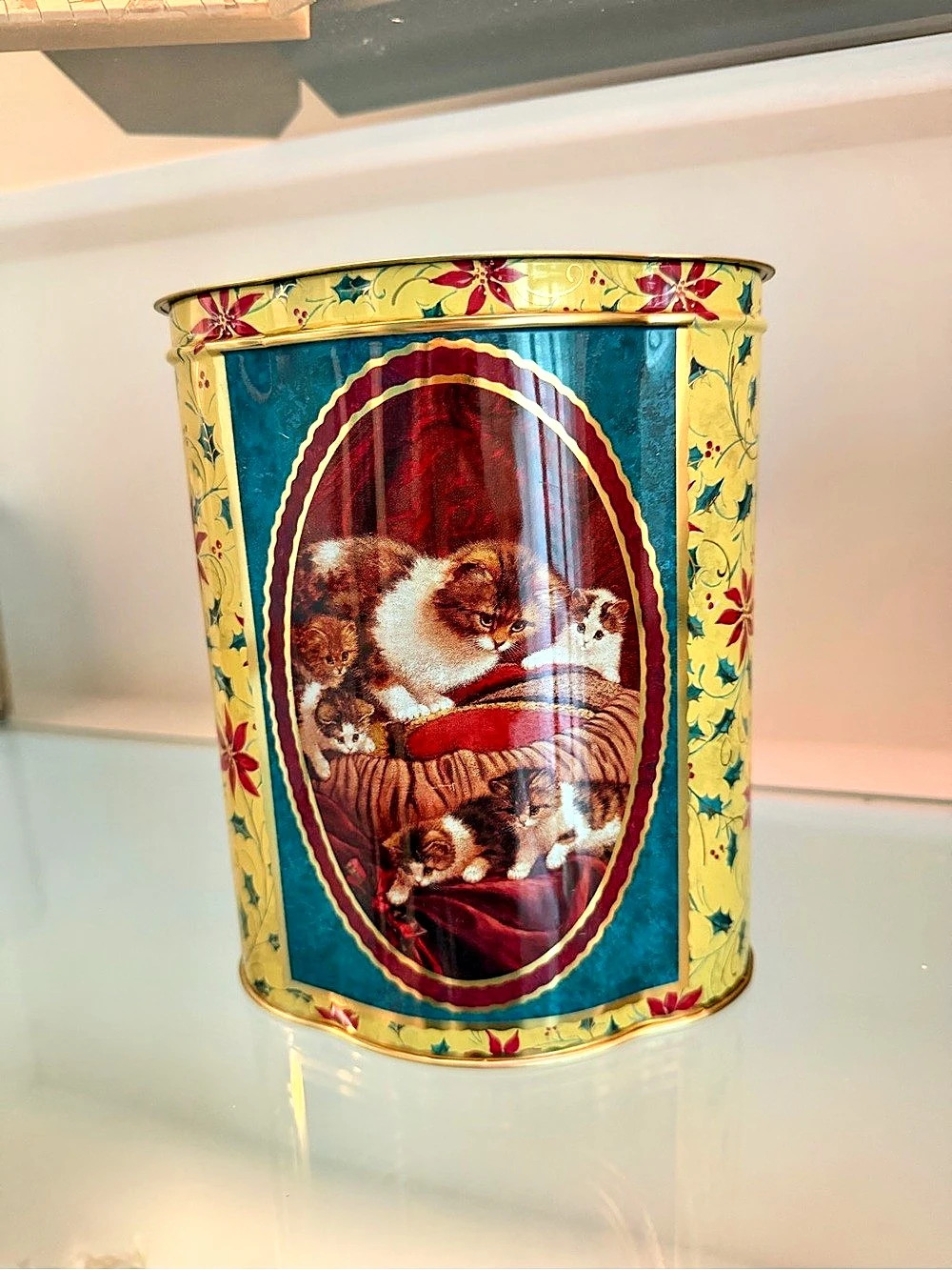 Floral Cat Scene Decorative Metal Container
